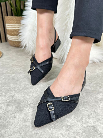 Günlük Kadın Abiye Kalın Kısa Topuklu Renkli Çift Şerit Örme Hasır Ayarlanabilir Tokalı Ayakkabı 457