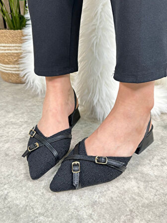 Günlük Kadın Abiye Kalın Kısa Topuklu Renkli Çift Şerit Örme Hasır Ayarlanabilir Tokalı Ayakkabı 457