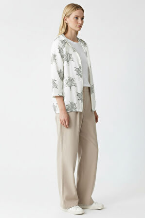 Kadın Krem Yeşil Desenli Fermuarlı Oversize Cepli Kapüşonlu Pamuklu Hırka-Ceket - Kadın Ceket