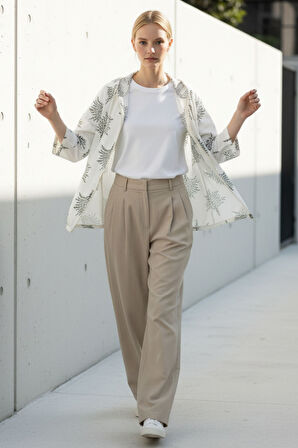 Kadın Krem Yeşil Desenli Fermuarlı Oversize Cepli Kapüşonlu Pamuklu Hırka-Ceket - Kadın Ceket