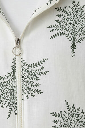 Kadın Krem Yeşil Desenli Fermuarlı Oversize Cepli Kapüşonlu Pamuklu Hırka-Ceket - Kadın Ceket