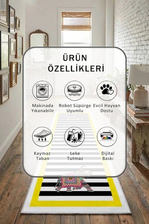 Filsiz Sarı Beyaz Dijital Baskılı Kaymaz Yıkanabilir Yolluk - Leke Tutmaz