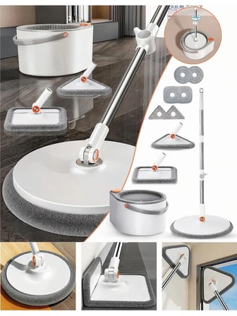 Cleova Yeni Tasarım Otomatik 360° Döner Mop ve Temizlik Seti, 3 Başlıklı Paspas Mop