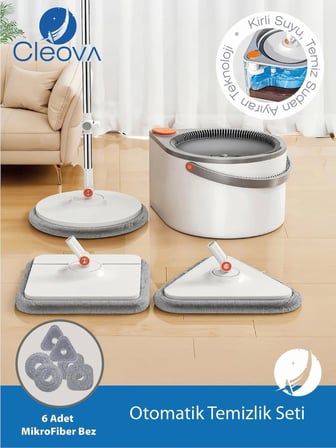 Cleova Yeni Tasarım Otomatik 360° Döner Mop ve Temizlik Seti, 3 Başlıklı Paspas Mop