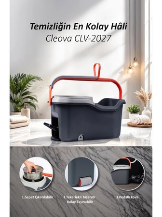 Cleova Cleanmate S2 Pedallı Mop Temizlik Seti Tekerlekli Kova Çıkarılabilir Çelik Sepet