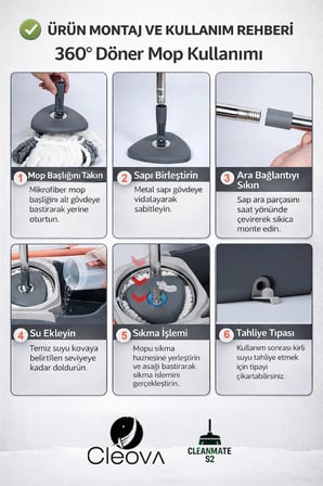 Cleova Cleanmate S2 Pedallı Mop Temizlik Seti Tekerlekli Kova Çıkarılabilir Çelik Sepet