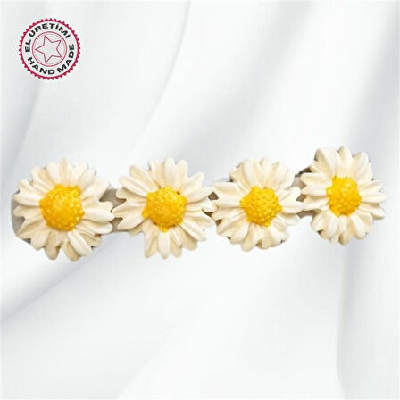 Uretti - Hülya 6683 4763 El Yapımı Polimer Kil Beyaz Papatya Çiçeği Tasarımlı Saç Tokası / 8 cm