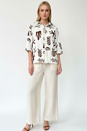 Kadın Krem Kahverengi Desenli Fermuarlı Oversize Cepli Kapüşonlu Pamuklu Hırka-Ceket - Kadın Ceket