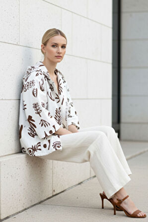 Kadın Krem Kahverengi Desenli Fermuarlı Oversize Cepli Kapüşonlu Pamuklu Hırka-Ceket - Kadın Ceket