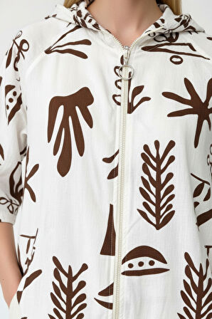 Kadın Krem Kahverengi Desenli Fermuarlı Oversize Cepli Kapüşonlu Pamuklu Hırka-Ceket - Kadın Ceket