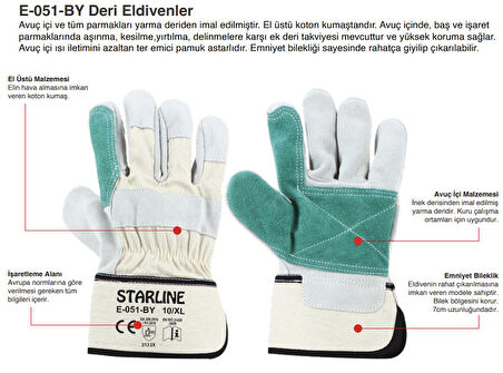 5 Çift  Takviyeli Deri Eldiven Starline E-051-By 10 XL Beden