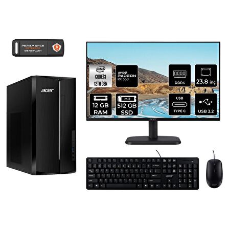 Acer Aspire TC1760 i3 12100 12GB 512GB SSD RX550/4GB FDOS DT.BHUEM.004 MASAÜSTÜ PC & 23.8" MONİTÖR