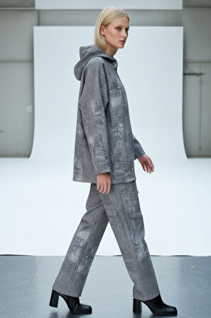 Kadın Gri Yamalı Desenli Oversize Cepli Fermuarlı Kapüşonlu İnce Ceket - Kadın Ceket 