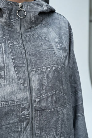 Kadın Gri Yamalı Desenli Oversize Cepli Fermuarlı Kapüşonlu İnce Ceket - Kadın Ceket 