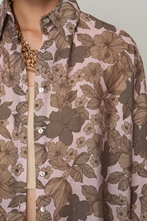 KADIN PUDRA-KAHVE RENK ÇİÇEK DESENLİ OVERSİZE KESİM GÖMLEK