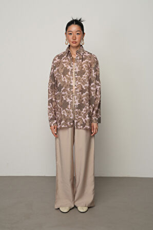 KADIN PUDRA-KAHVE RENK ÇİÇEK DESENLİ OVERSİZE KESİM GÖMLEK