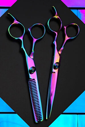 2'li Profesyonel Berber Kuaför Seti Düz Uçlu+Ara Makas 6.5 İnç Saç Kesim Makası Rainbow XLQ501