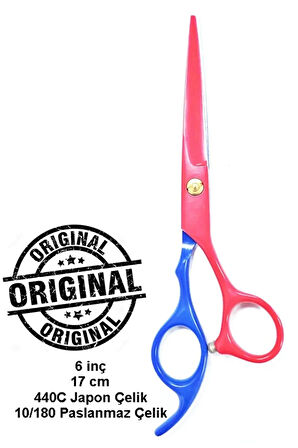 Kuyruklu Kırmızı Mavi İmaj Kuaför Makası Düz Uçlu Saç Kesim Makası 6 inç XLQ586B