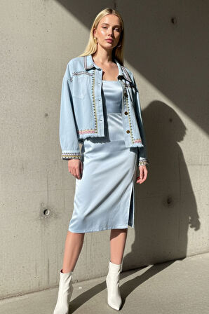 Kadın Açık Mavi Nakışlı İşlemeli Uzun Kollu Düğmeli  Oversize Kot-Denim Jean Ceket - Kadın Ceket 