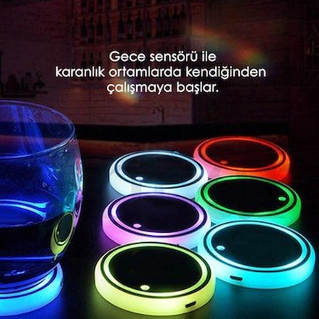 Opel Uyumlu 2 Adet Gece Sensörlü Ledli Bardaklık Altı Usb Sarjlı 7 Farklı Renk Degiştirebilen
