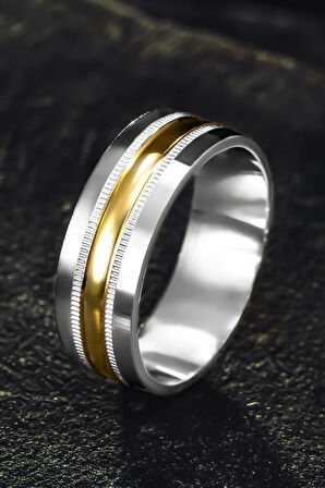 Erkek Gümüş Alyans - Altın Geçişli 925 Ayar Erkek Yüzük