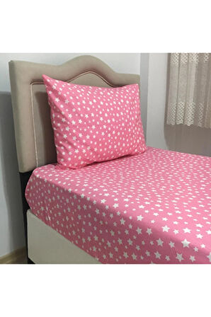 Tek Kişilik Pembe Yıldız Desenli Lastikli Çarşaf + Nevresim + 1 Adet Yastık Kılıfı
