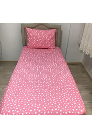 Tek Kişilik Pembe Yıldız Desenli Lastikli Çarşaf + Nevresim + 1 Adet Yastık Kılıfı