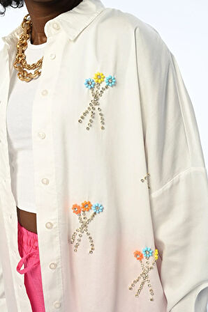 KADIN ÇİÇEK TAŞ İŞLEMELİ OVERSIZE GÖMLEK