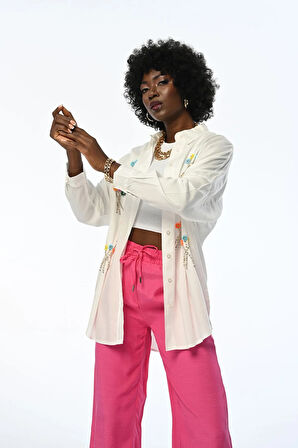 KADIN ÇİÇEK TAŞ İŞLEMELİ OVERSIZE GÖMLEK