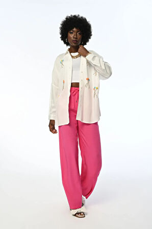 KADIN ÇİÇEK TAŞ İŞLEMELİ OVERSIZE GÖMLEK