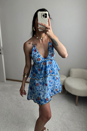 Mavi Çiçekli Pul İşlemeli Şık Mini Elbise