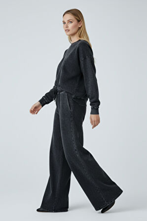 Kadın Antrasit Bol Paça Yüksek Bel Lastikli Geniş Paça Jogger Pantolon-Eşofman Altı 