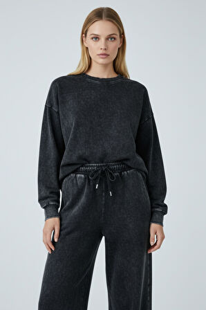 Kadın Antrasit Bol Paça Yüksek Bel Lastikli Geniş Paça Jogger Pantolon-Eşofman Altı 