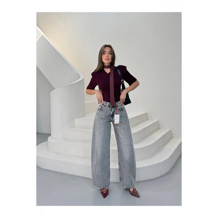 Yüksek Bel Wide Leg Salaş Jean Pantolon - Gri