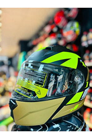 966 MATT BLACK WX92 ÇENE AÇILIR GÜNEŞ VİZÖRLÜ MOTOSİKLET KASKI (SİYAH- NEON-GOLD)