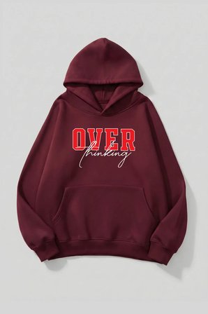 Unisex Yumuşak Dokulu Over Thinking Baskılı Tasarım Oversize 3 İplik Hoodie Sweatshirt