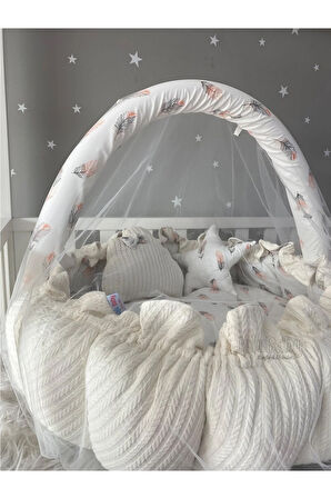 Babynest Beyaz Örgü Kumaş Açılır - Kapanır Oyun Minderi Cibinlik Aparatlı Nest