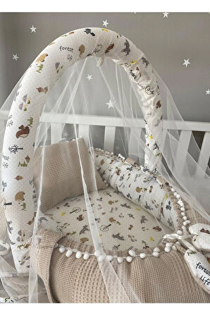 Nest Wafle Ve Müslin Kumaştan Jaju-babynest Anne Yanı Bebek Yatağı Oyuncak Aparat Tül Set