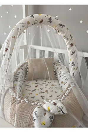 Nest Wafle Ve Müslin Kumaştan Jaju-babynest Anne Yanı Bebek Yatağı Oyuncak Aparat Tül Set