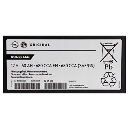 Opel Orjinal AGM Akü 12v 60Ah Servis Ürünü