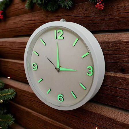 Fosforlu Duvar Saati Kabartma Rakam Küçük Saat Çap 22 Cm Beyaz