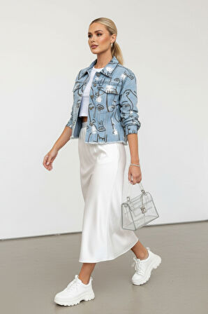 Kadın Mavi Düğmeli Uzun Kollu Surat/Yüz Baskılı Crop Denim Jean Ceket Kadın -Yeni Sezon Kadın Ceket