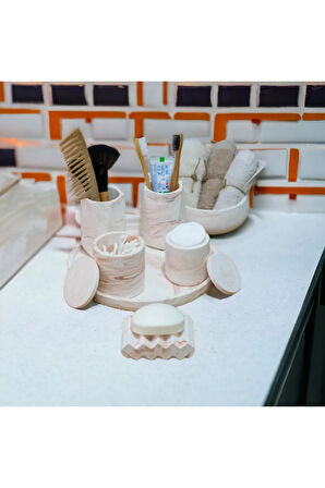 Marble Turuncu Serisi Tepsili Beton Banyo Seti,Pamukluk,Havluluk ve Sabunluk Set