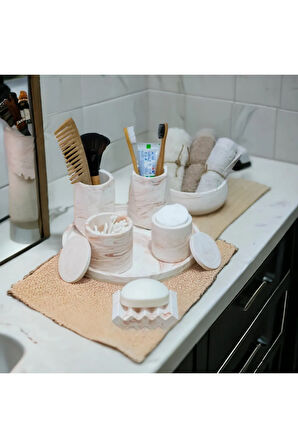Marble Turuncu Serisi Tepsili Beton Banyo Seti,Pamukluk,Havluluk ve Sabunluk Set