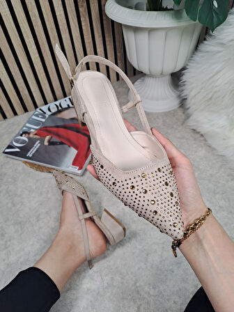 Günlük Kadın Abiye Kalın Kısa Topuklu Taşlı Ayarlanabilir Tokalı Sivri Burun Babet Ayakkabı 458