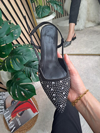 Günlük Kadın Abiye Kalın Kısa Topuklu Taşlı Ayarlanabilir Tokalı Sivri Burun Babet Ayakkabı 458