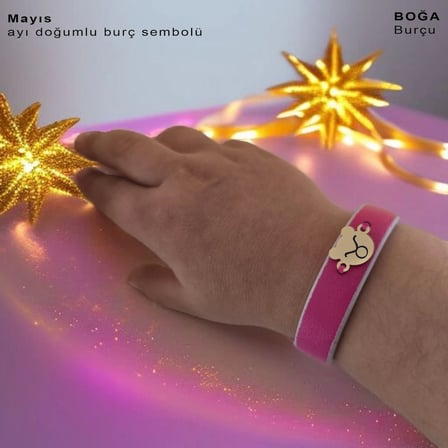 14 Ayar Altın Plakalı Mayıs Ayı Doğumlarına Doğal Pembe Derili Ayıcık Figürlü Hediye Bileklik-458