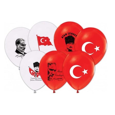 Balonevi 12" Ata-Bayrak Baskılı Balon Seti Karışık Renkler (50 Adet)