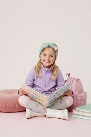 Kız Çocuk Uzun Kollu Mor Dik Yaka Yarım Fermuarlı Polar Üst - Kız Çocuk Sweatshirt, Kız Çocuk Polar