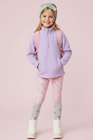 Kız Çocuk Uzun Kollu Mor Dik Yaka Yarım Fermuarlı Polar Üst - Kız Çocuk Sweatshirt, Kız Çocuk Polar